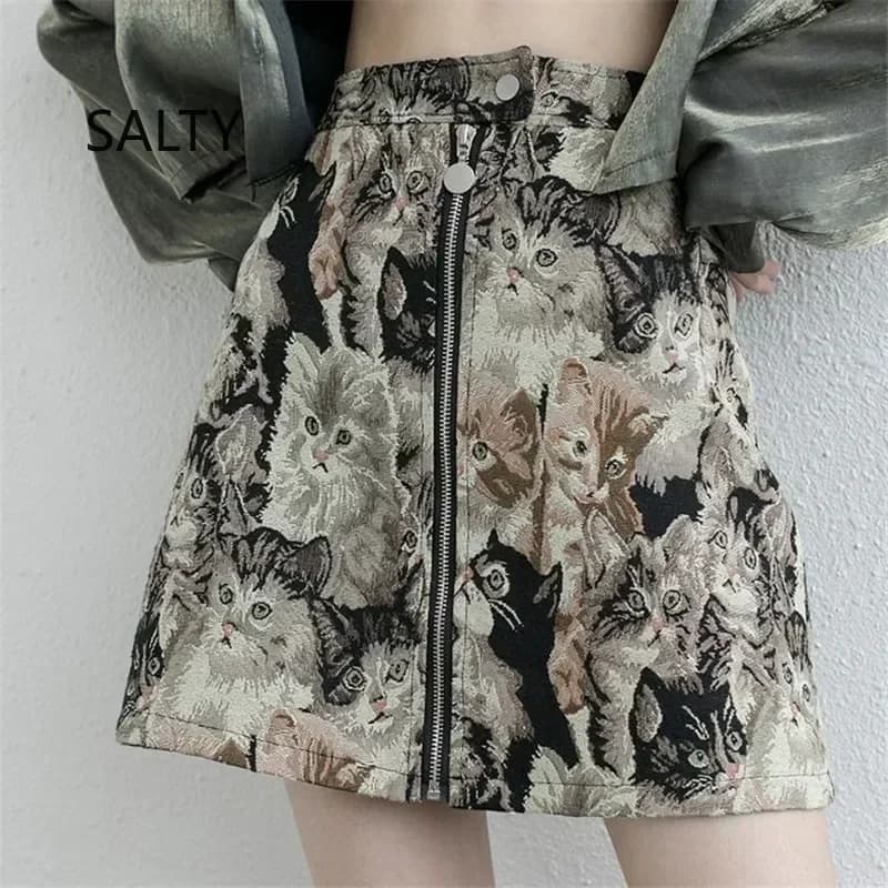 2025 Vintage Autumn Winter Women Skirt Sweet Cat Print A-line Mini Skirt High Waist Fashion Casual Cute Female Skirts Oversize