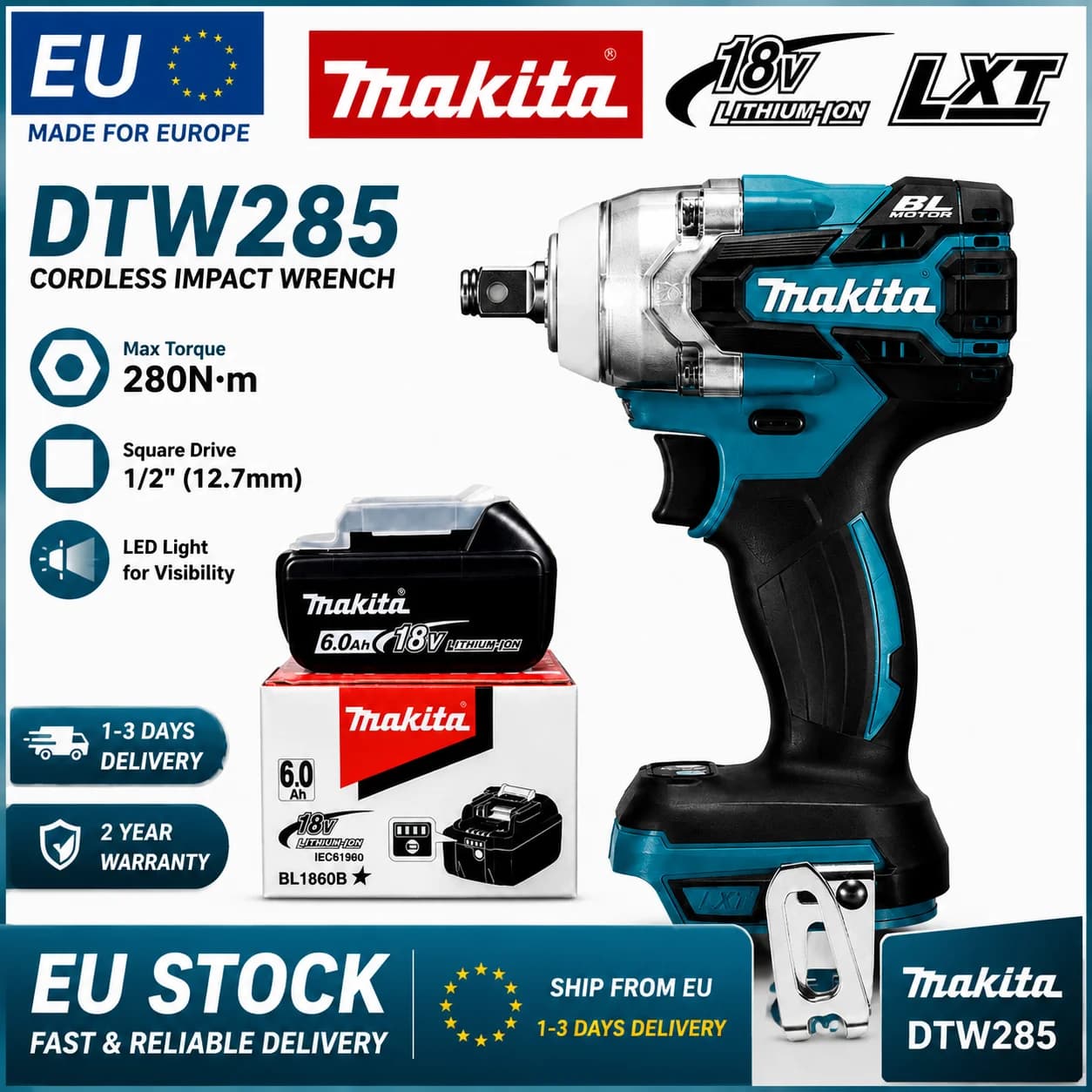 Makita DTW285 Cordless Impact Wrench Brushless Motor 320N.m Power Tool for Makita 18V LXT Battery EU Stock