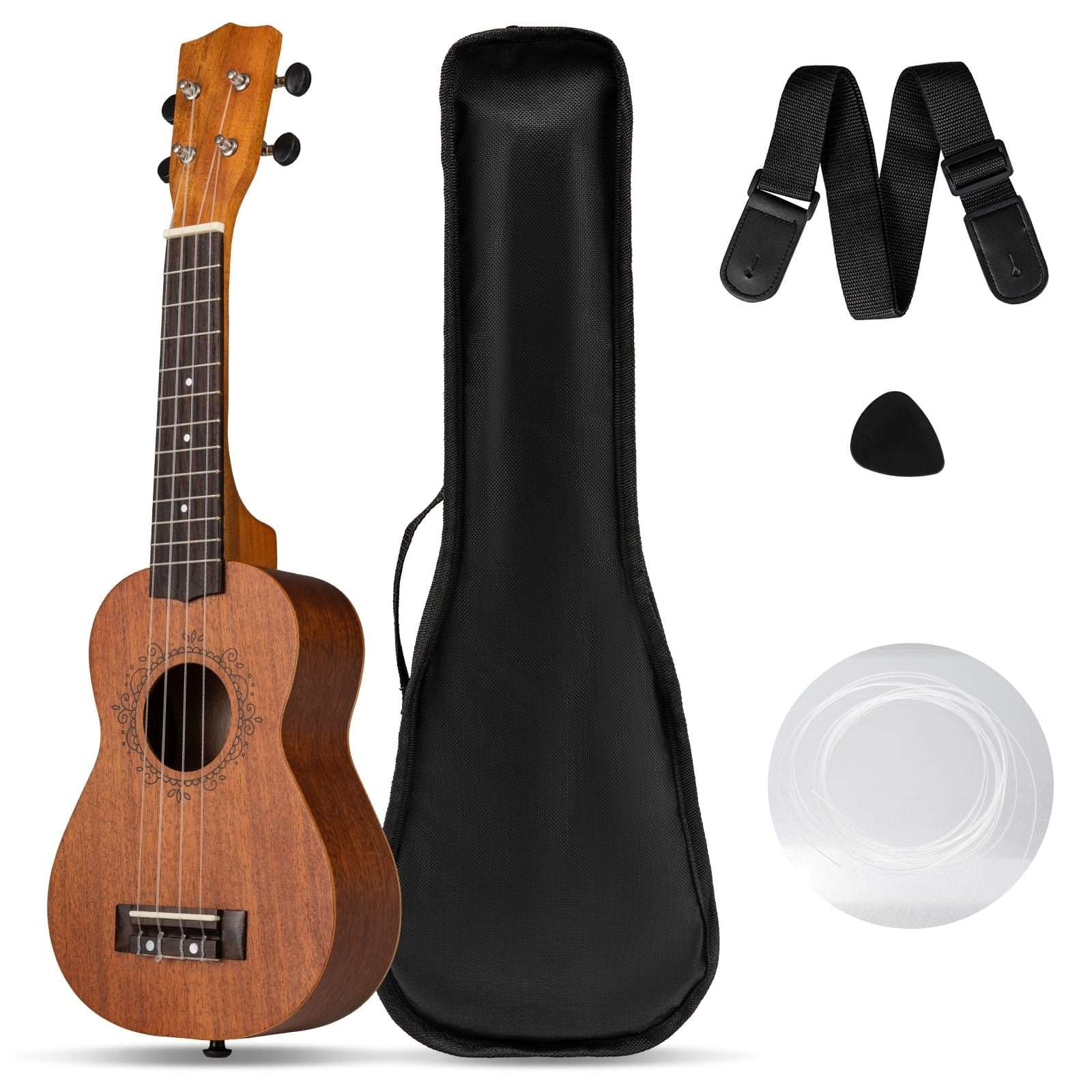 21-tuumainen mahonki-ukulele-setti laukulla ja lisävarusteilla