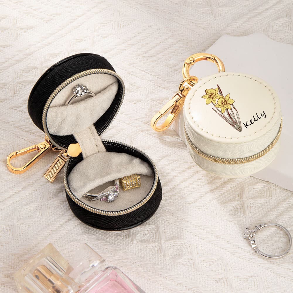 Henkilökohtainen Portable Birth Flower PU Nahka Ring Holder Korut laatikko nimi Syntymäpäivä Äitienpäivä lahja hänelle