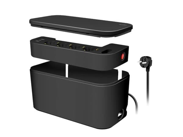 LogiLink Outlet Strip, Storage box w/4 safety +1 Euro socket, w/2x USB-A, 1x USB-C, black