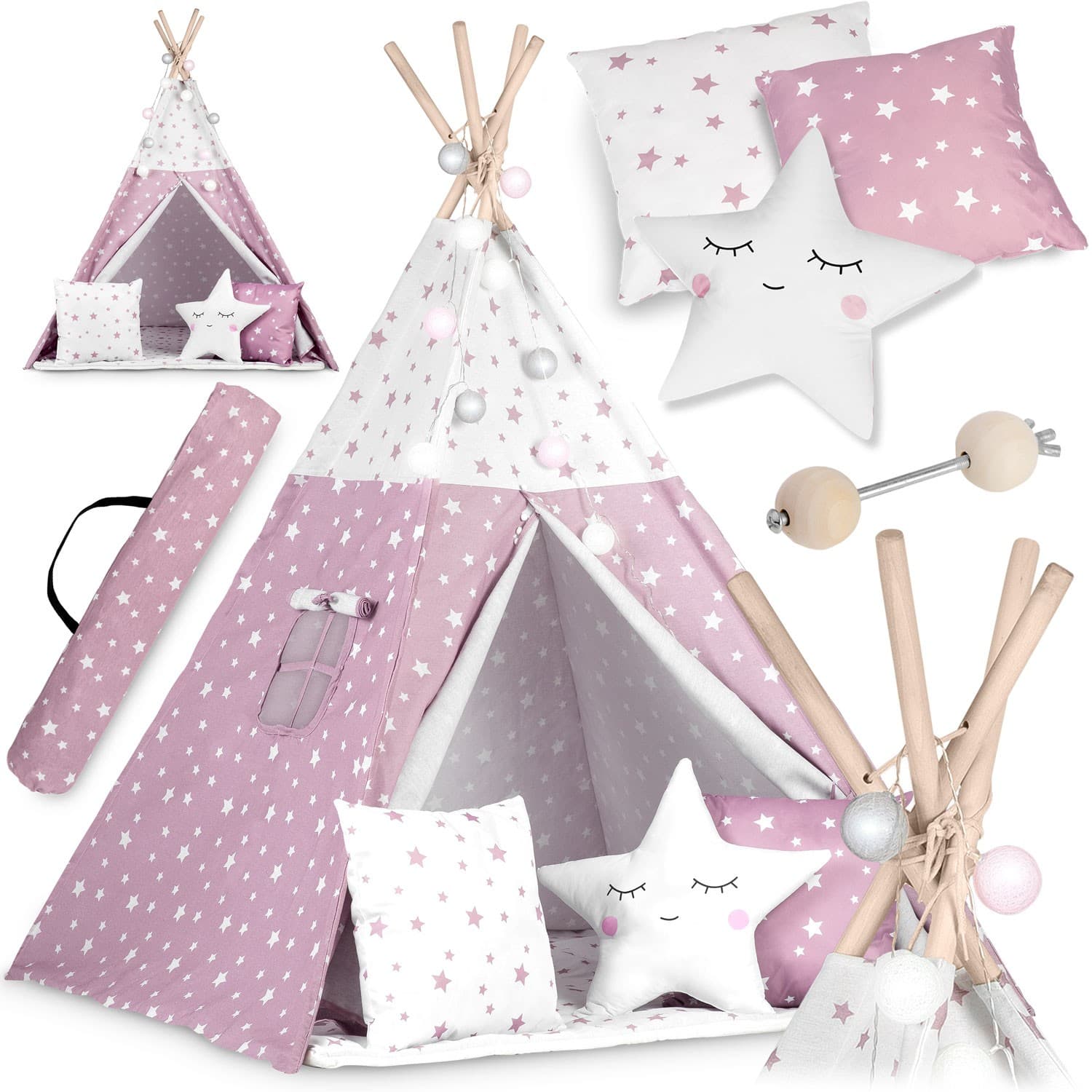 Nukido lasten teepee-teltta valoilla - pinkki tähdillä