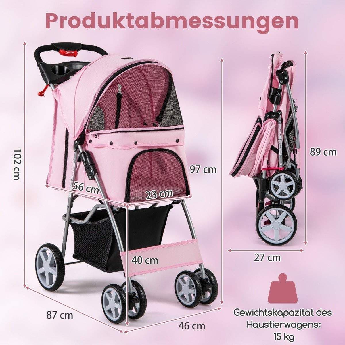 Lemmikkirattaat verkkoikkunoilla ja mukitelineellä – vaaleanpunainen, kapasiteetti 15 kg
